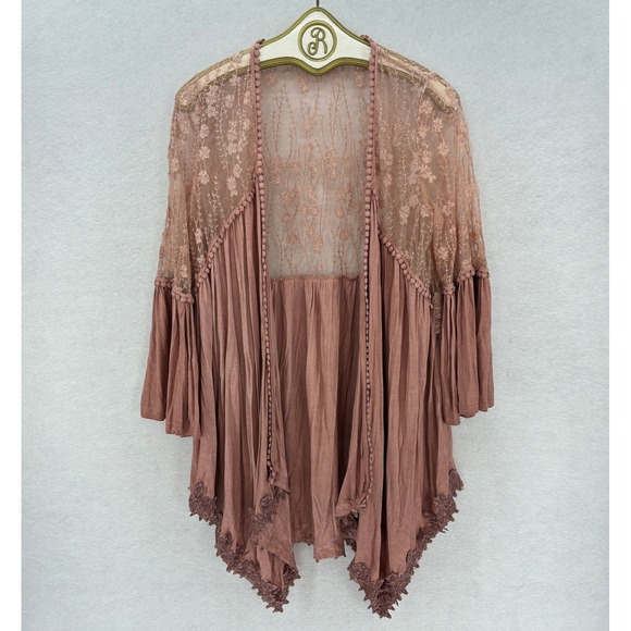 POL Boho Lace Duster Cardigan LARGE Pink Sheer Embroidered Romantic Festival - Picture 2 of 15